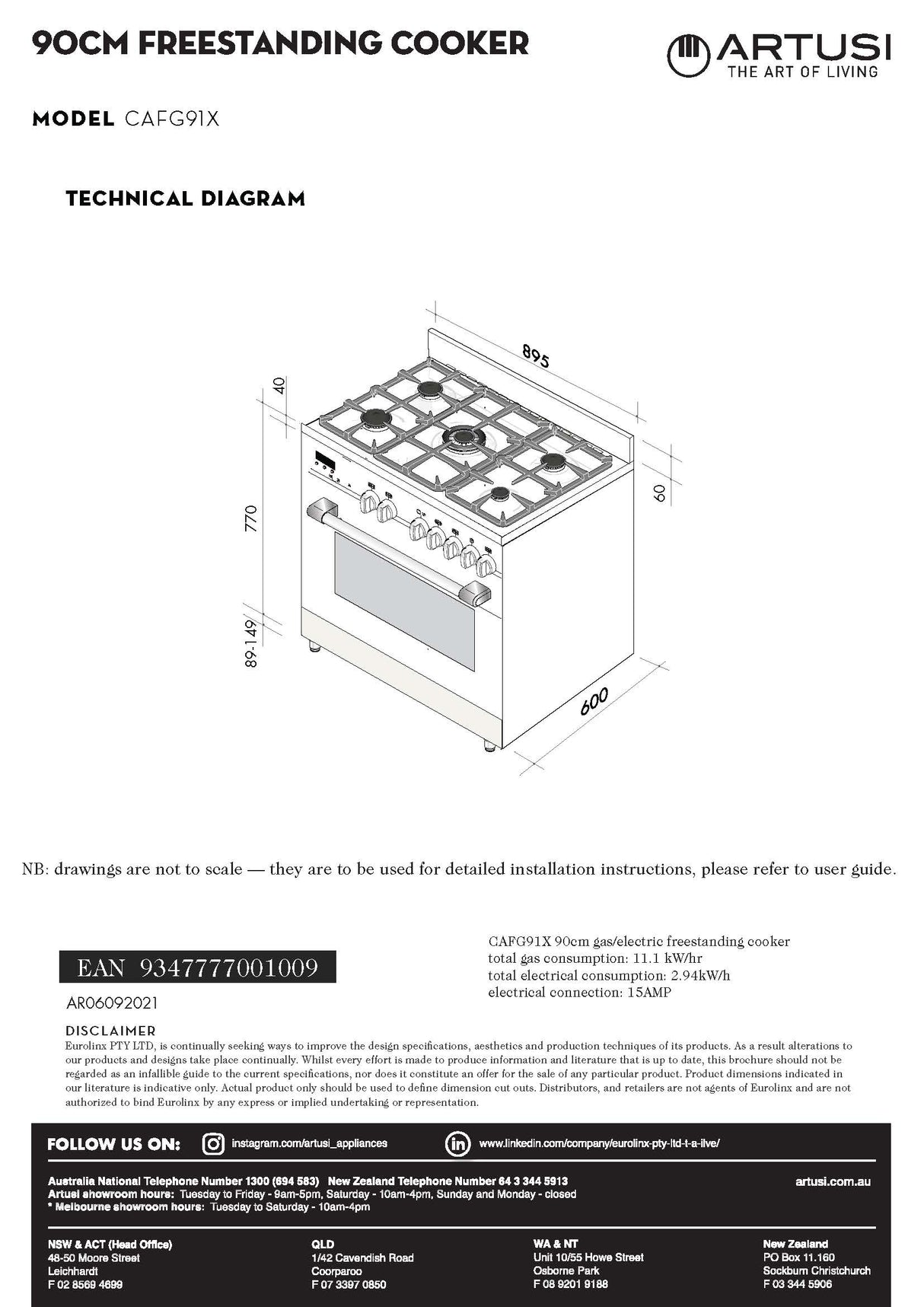 Artusi CAFG91X 90cm Freestanding Duel Fuel Stove, Stainless Steel