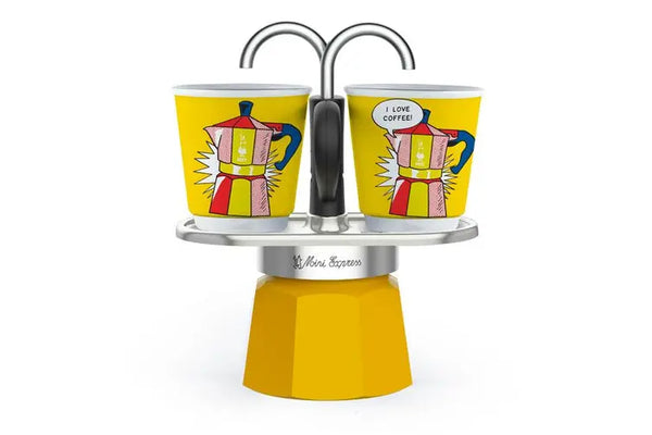 Bialetti Mini Express 2 Cups Coffee Maker + 2 Ceramic Cups, Lichtenstein Yellow- Special Order