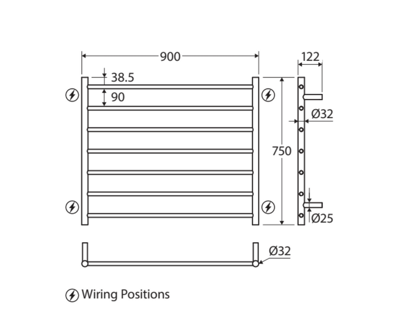 Fienza 8279075MB Isabella Heated Towel Rail, 900 x 750mm, Matte Black