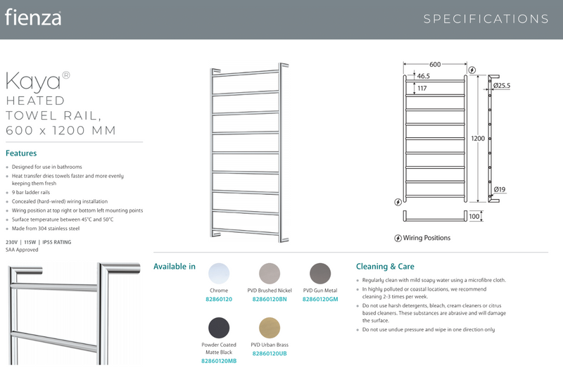 Fienza 82860120GM Kaya Heated Towel Rail, 600 x 1200mm, Gun Metal Finish - Special Order