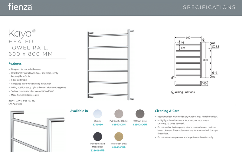 Fienza 8286080GM Kaya Heated Towel Rail, 600 x 800mm, Gun Metal - Special Order