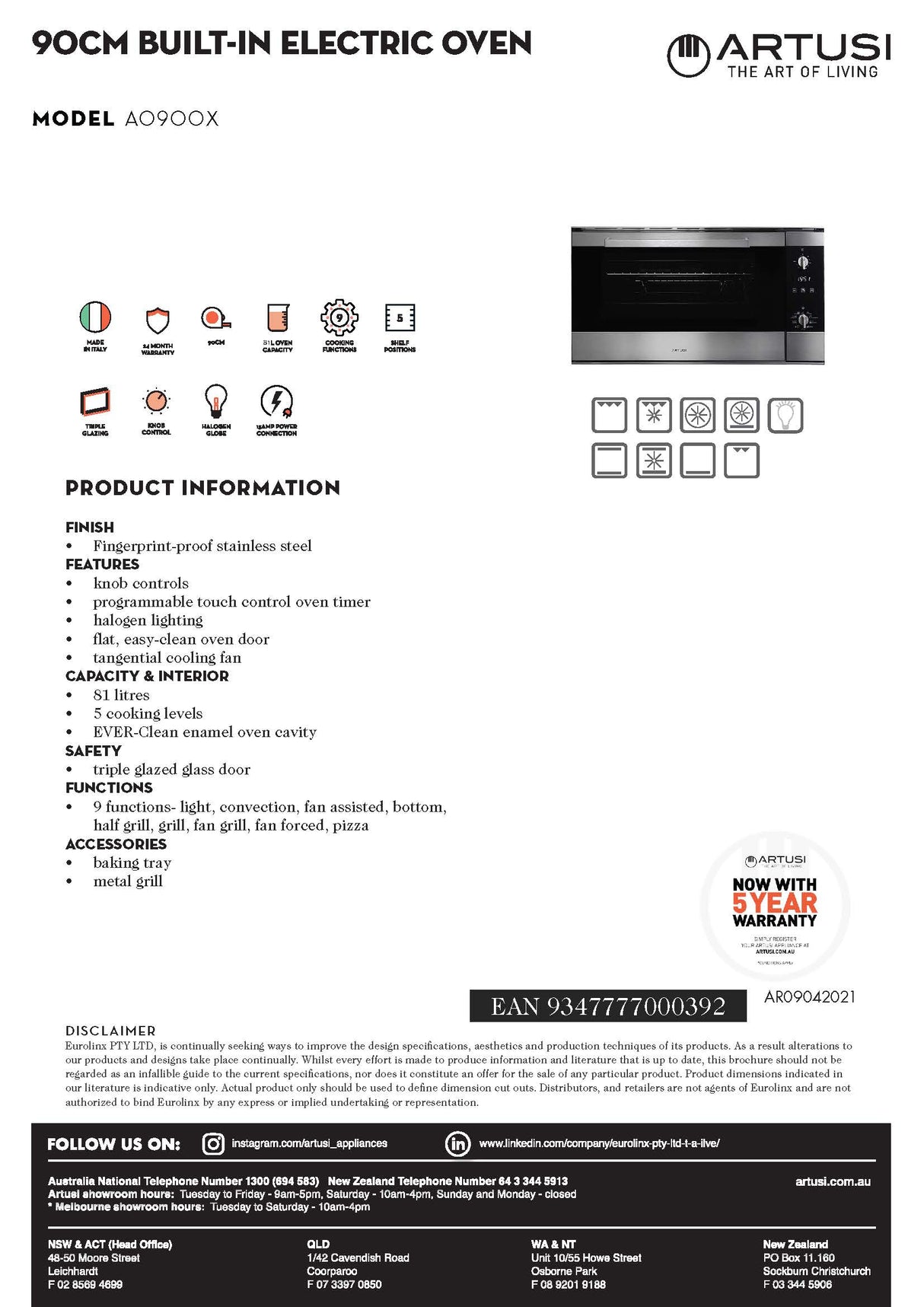 Artusi AO900X 90cm 9 Function Built In Oven, Stainless Steel