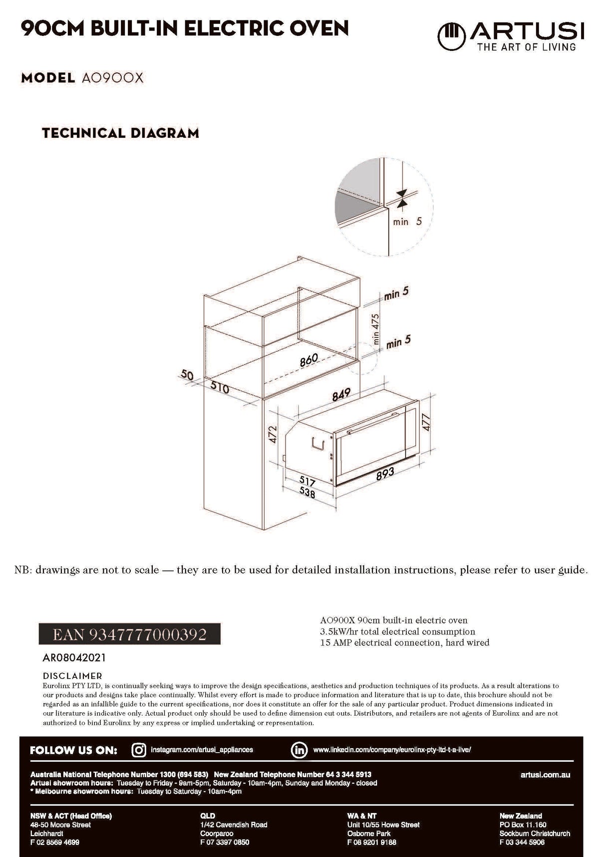 Artusi AO900X 90cm 9 Function Built In Oven, Stainless Steel