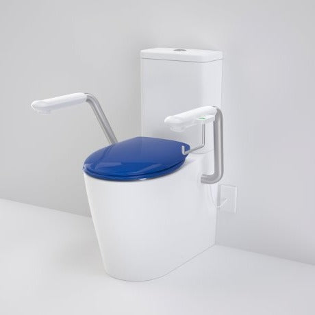 Caroma 846912ARSBNCL Care 660 Cleanflush Wall Faced Close Coupled Easy Height BI Suite with Nurse Call Armrests Left and Caravelle Double Flap Seat Sorrento Blue - Special Order