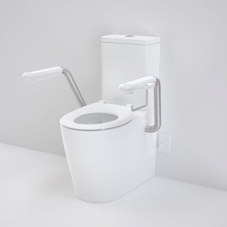 Caroma 846911ARWNCL Care 660 Cleanflush Wall Faced Close Coupled Easy Height BE Suite with Nurse Call Armrest Left and Caravelle Single Flap Seat White - with GERMGARD® - Special Order