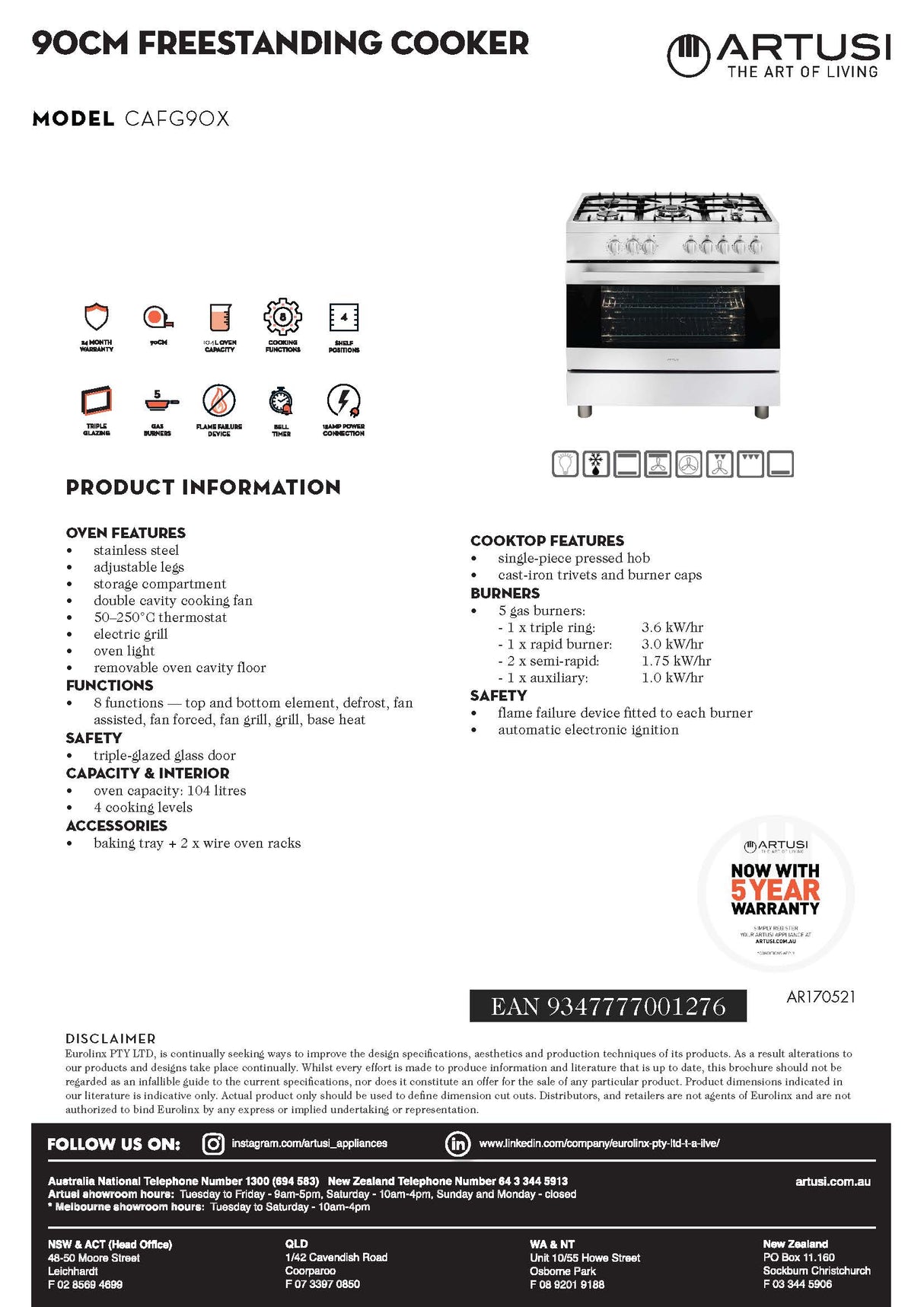 Artusi CAFG90X Oven 90cm Freestanding Dual Fuel Stove, Stainless Steel