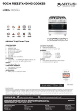 Artusi CAFG90X Oven 90cm Freestanding Dual Fuel Stove, Stainless Steel