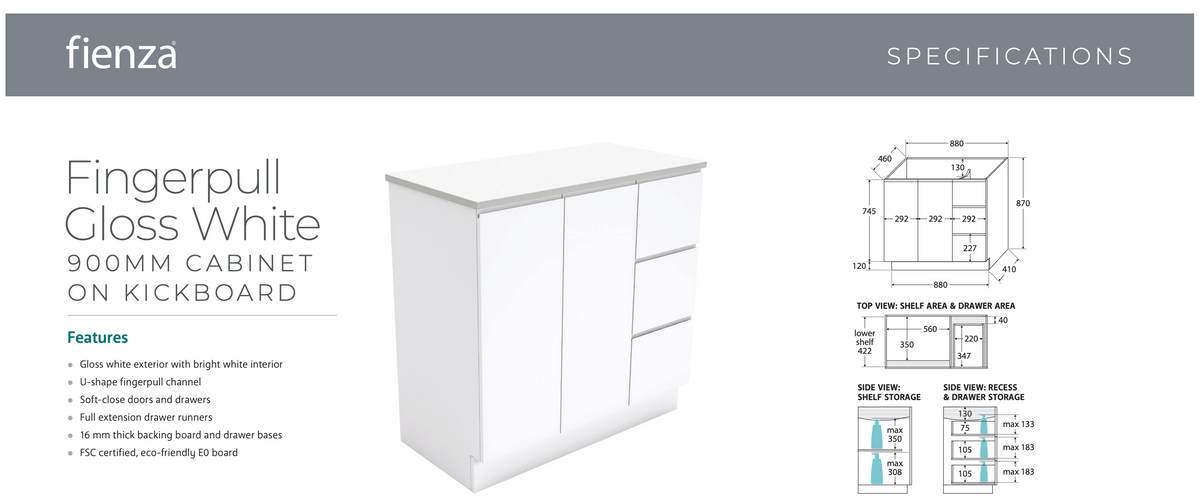 Fienza 90CR 900mm Fingerpull On Kickboard Cabinet, Right Drawers, Gloss White, Cabinet Only