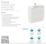 Fienza Siska 90Dfkr Slim 900Mm Kickboard Vanity Unit Right Drawers Satin White - Special Order Units