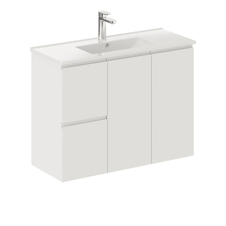 Fienza Siska 90Dfl 900Mm Slim Wall Hung Vanity Unit Left Drawers Satin White - Special Order Units