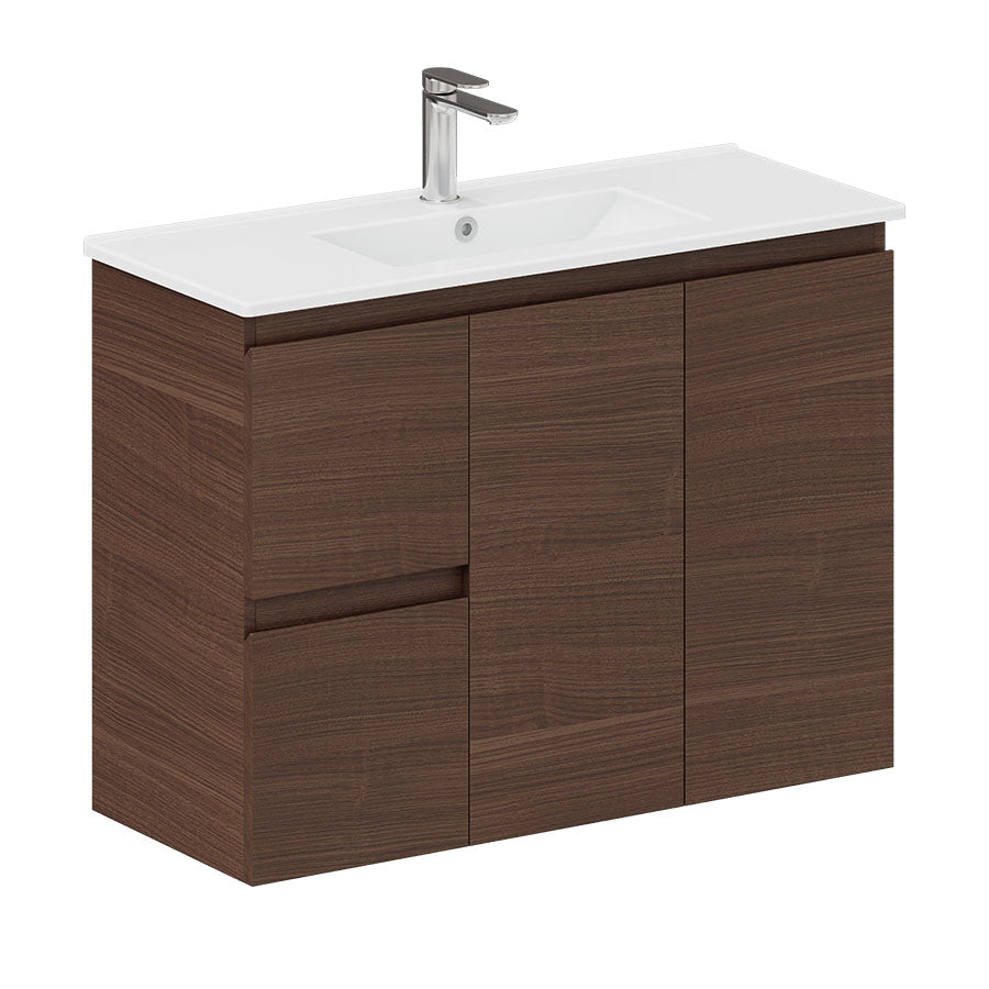 Fienza Siska 90DFWAL 900mm Slim Wall Hung Vanity Unit, Left Drawers, Walnut