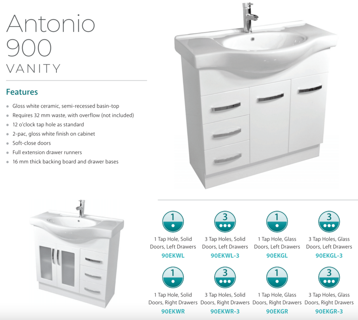 Fienza Antonio 90Ekwl 900Mm White Vanity Unit Solid Doors Left Draws - Special Order Units