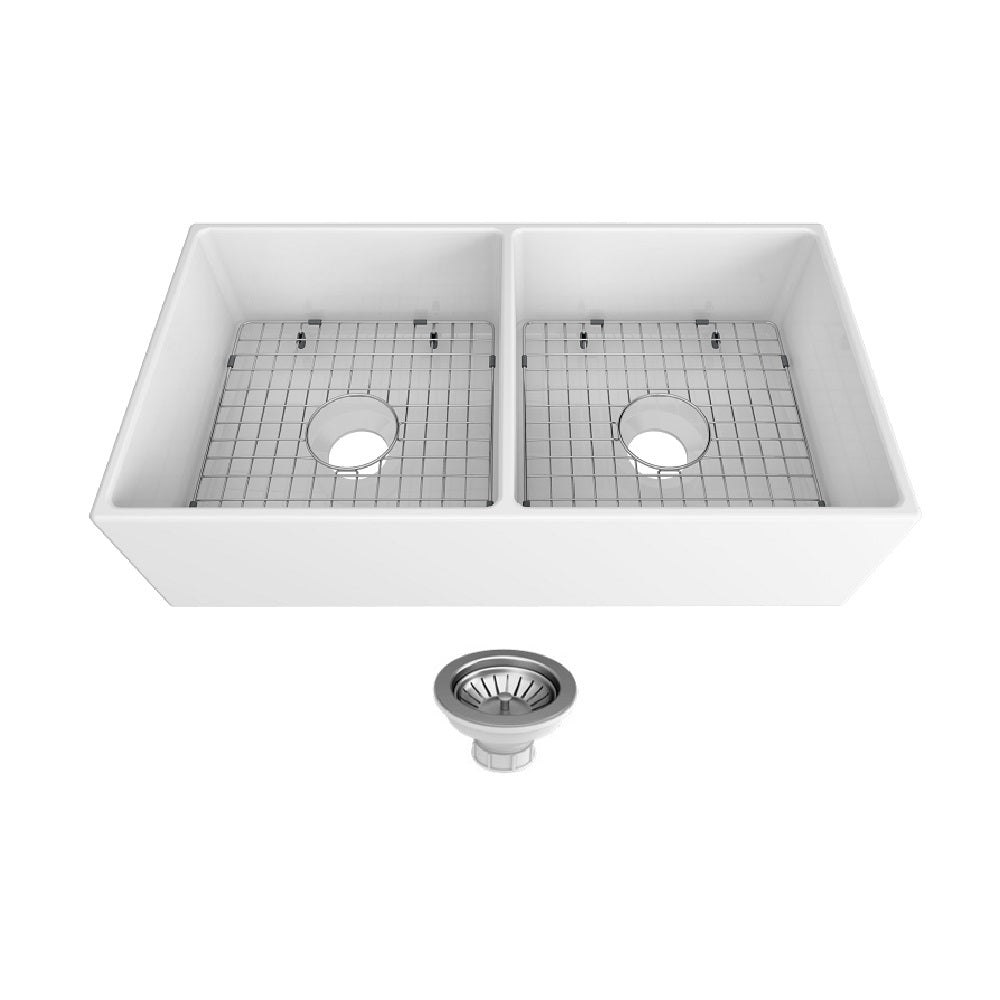 Seima 192505 Odessa 915 Ceramic Butler Sink, Double Bowl, 915x485mm Apron Front, White Gloss with Stainless Steel Basket Waste & Grid