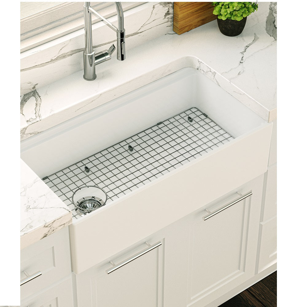 Seima 192516 Odessa 920 Ceramic Butler Sink, Single Bowl, 915x485mm Workstation, White Gloss with Gunmetal Basket Waste & Grid