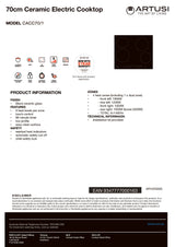 Artusi CACC70/1 70cm 4 Zone Ceramic Electric Cooktop, Black