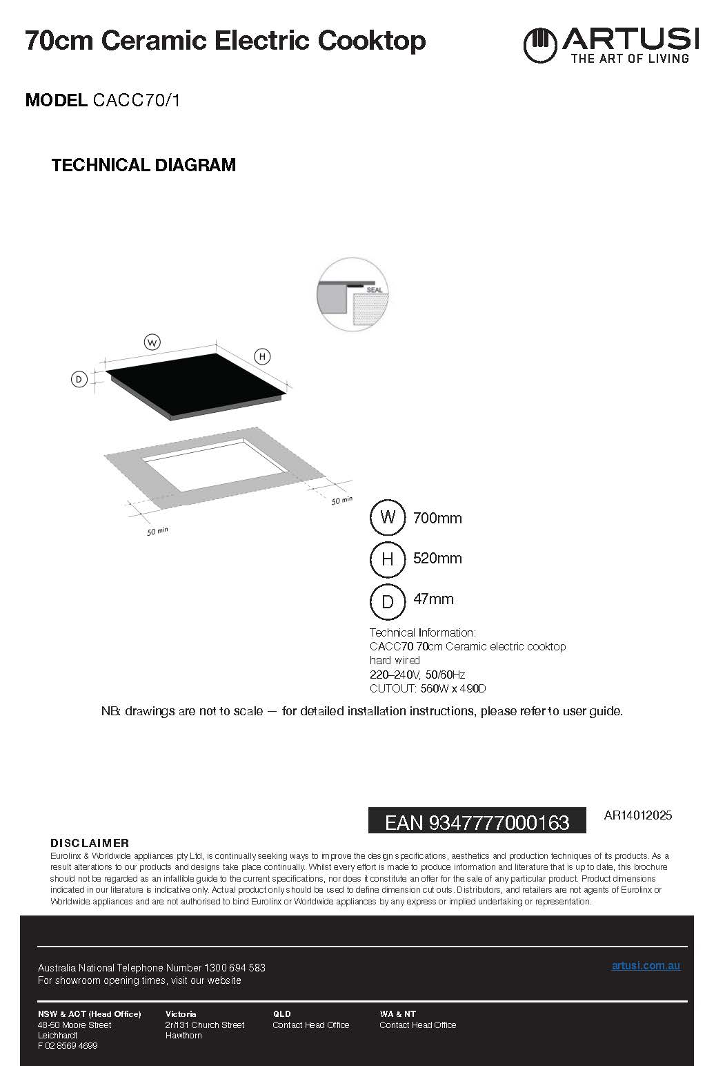 Artusi CACC70/1 70cm 4 Zone Ceramic Electric Cooktop, Black