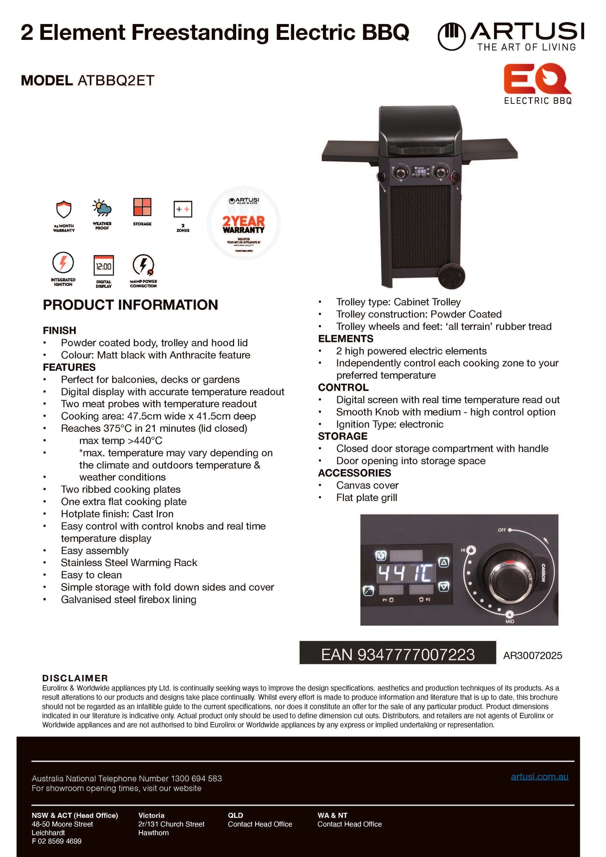 Artusi ATBBQ2ET 2 Burner EQ Electric Freestanding BBQ