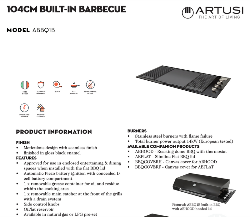 Artusi ABBQ1B 1046mm BBQ Built In Gas 4 Burner, Black