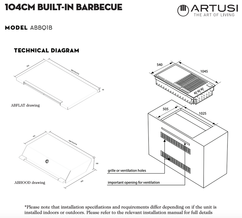 Artusi ABBQ1B 1046mm BBQ Built In Gas 4 Burner, Black