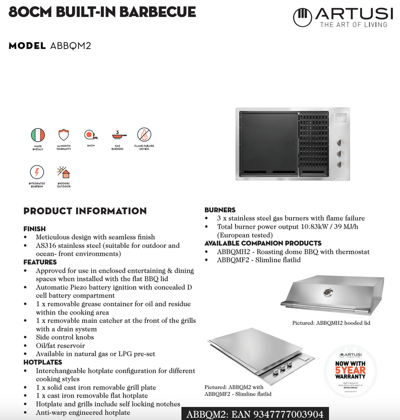 Artusi ABBQM2 800mm BBQ Built In Gas 3 Burner, Stainless Steel