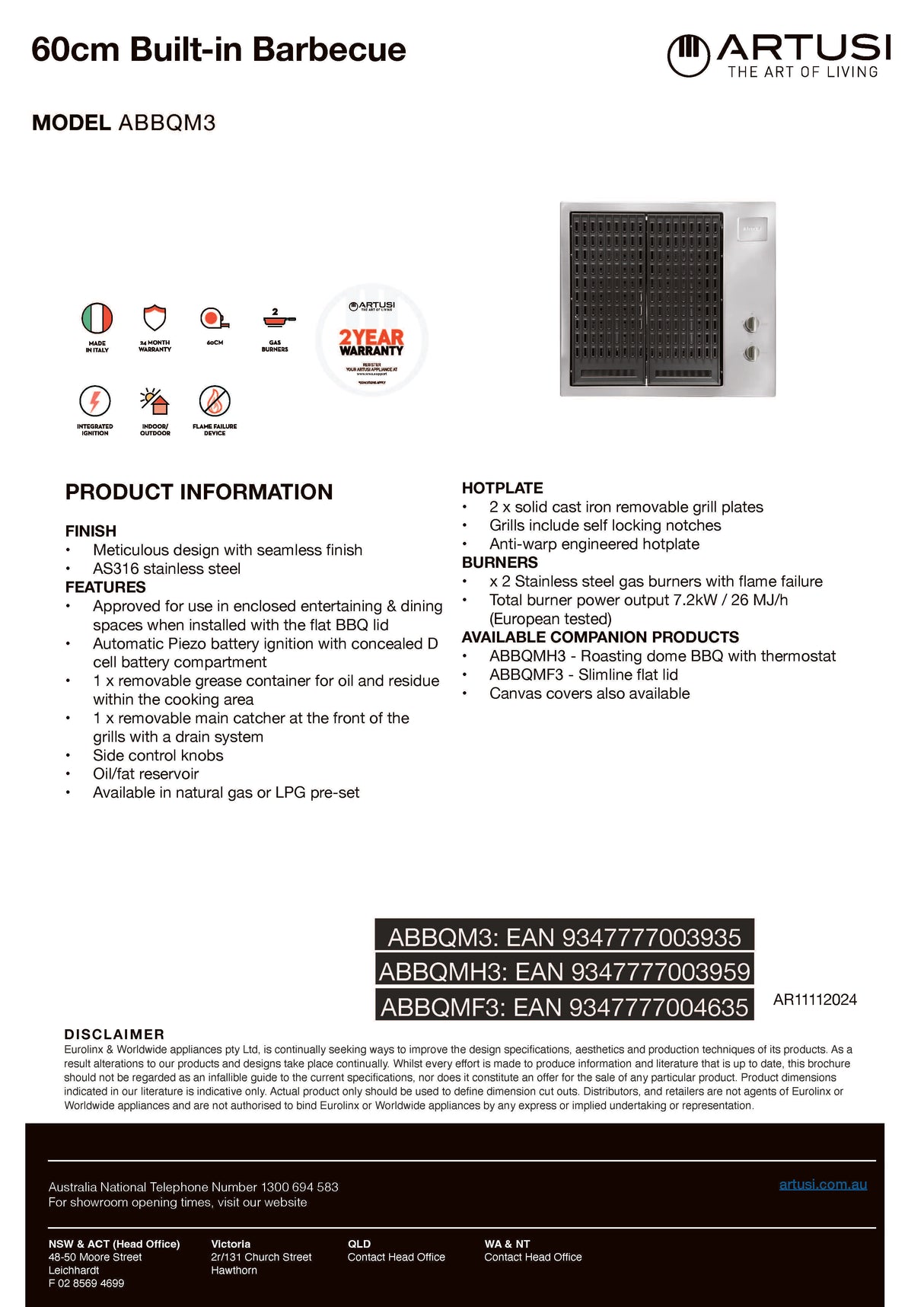 Artusi ABBQM3 60cm Built-In Gas Barbecue, Stainless Steel