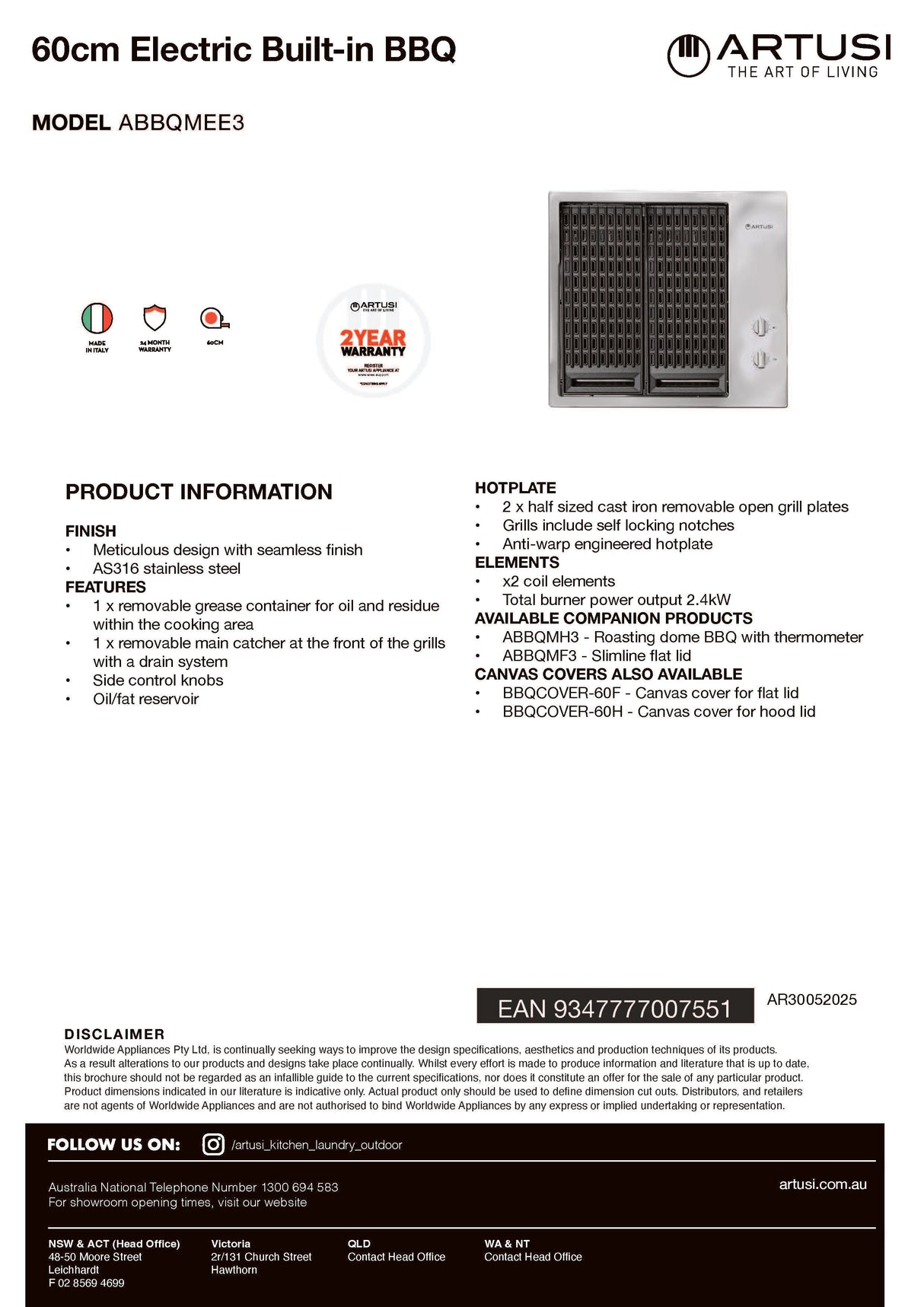 Artusi ABBQMEE3 60cm Built-In Electric Barbecue, Stainless Steel