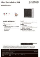 Artusi ABBQMEE3 60cm Built-In Electric Barbecue, Stainless Steel