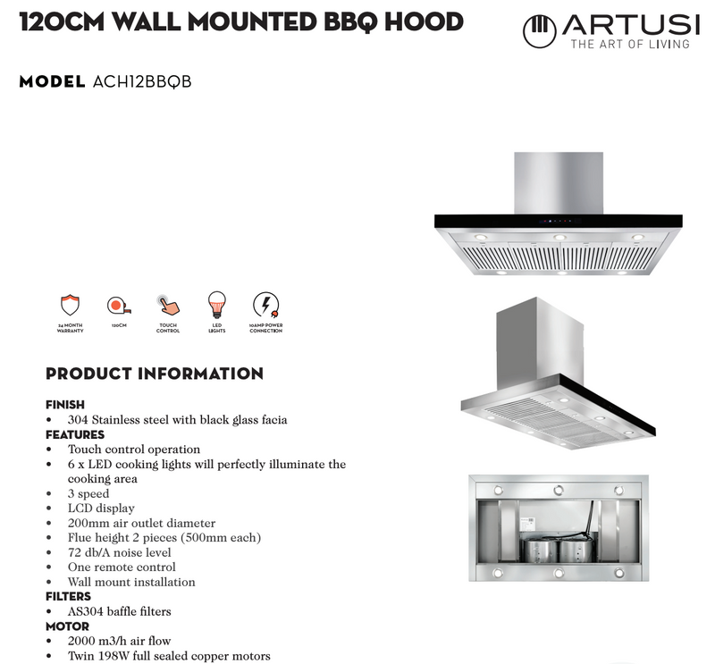 Artusi ACH12BBQB 1200mm BBQ Rangehood, Black