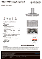 Artusi ACH12BBQ 120cm Canopy Outdoor BBQ Rangehood, 2000m3/hr, Stainless Steel