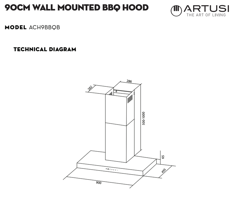 Artusi ACH9BBQB BBQ Rangehood 90cm, Stainless Steel + Black