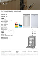 Artusi ADW4501X 45cm Freestanding Dishwasher, Stainless Steel