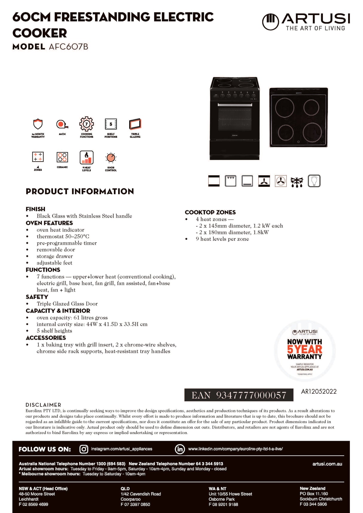 Artusi 60cm Electric Freestanding Oven Black AFC607B