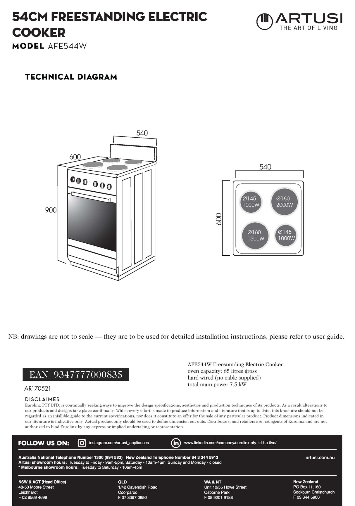 Artusi AFE544W 54cm Electric Freestanding Stove, White