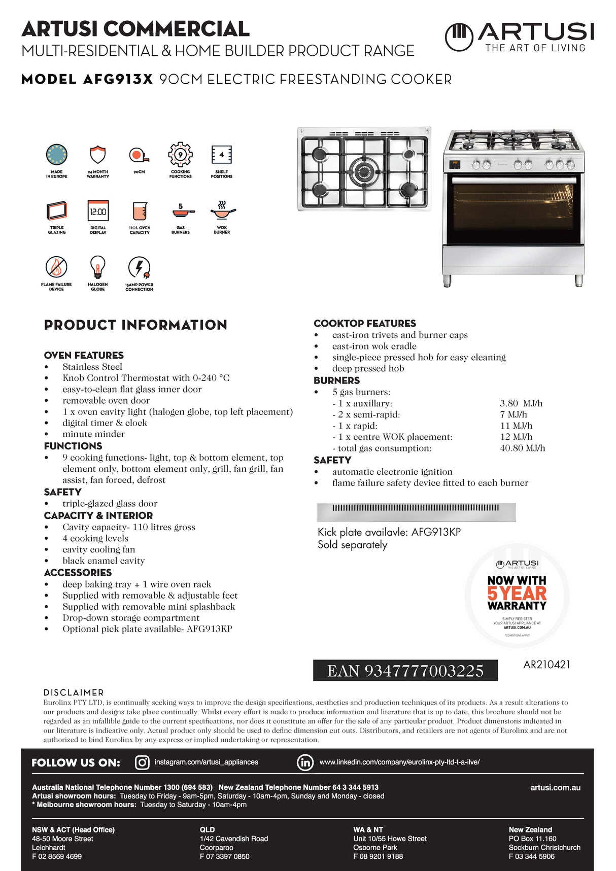Artusi AFG913X/1 90cm Stainless Steel Dual Fuel Freestanding Stove