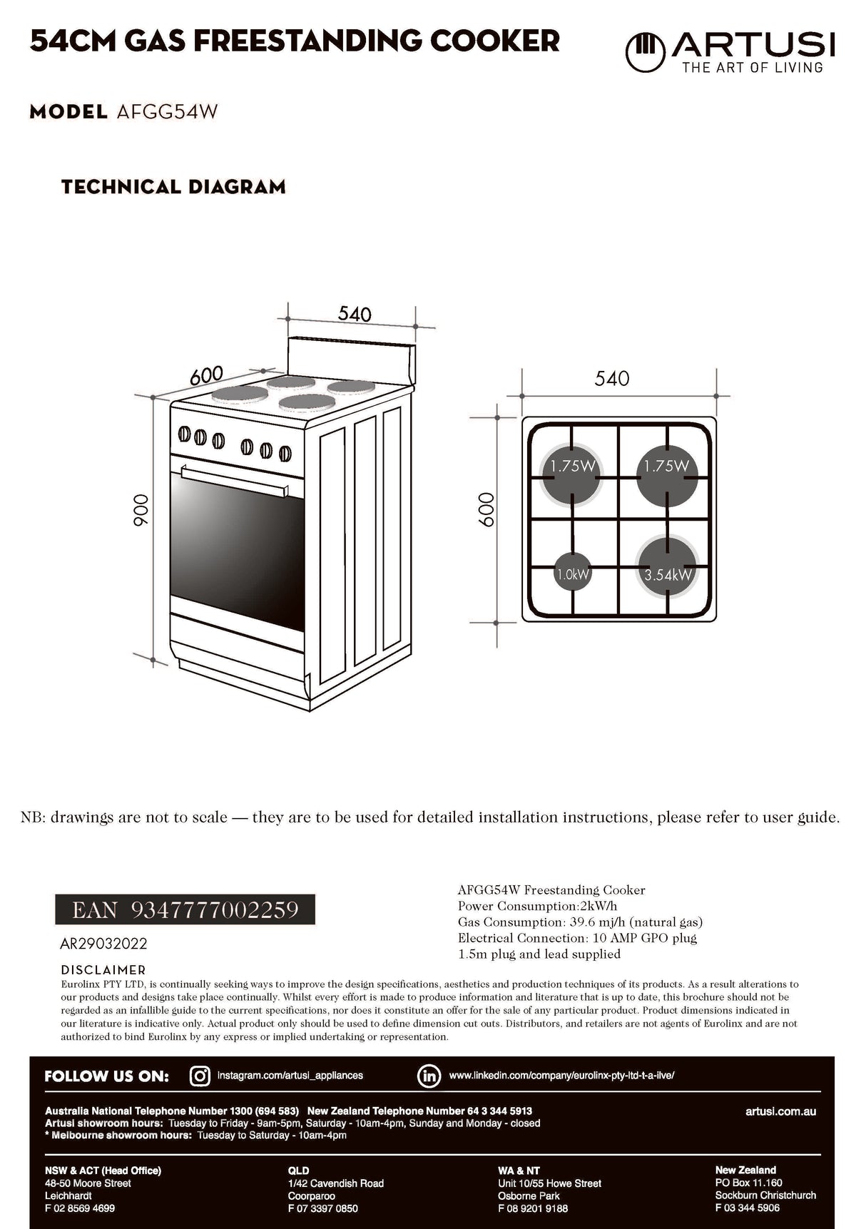 Artusi AFGG54W 54cm Gas Upright Stove, White