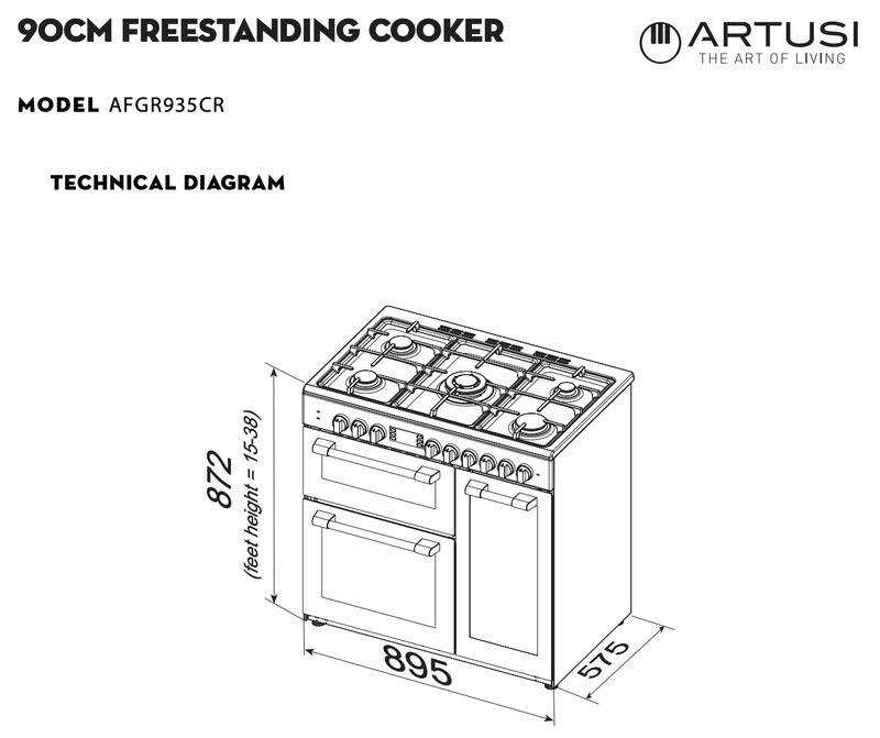 Artusi AFGR935CR Freestanding Cooker 90cm with Gas Hob, Cream