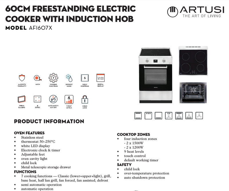 Artusi AFI607X 60cm Induction Stove, Stainless Steel