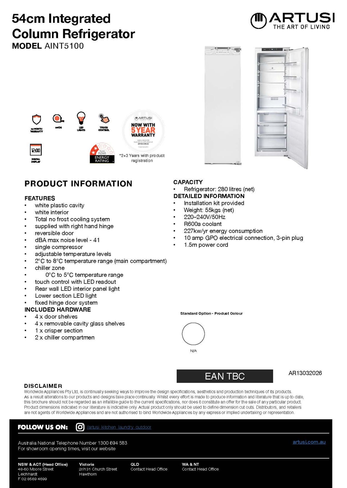 Artusi AINT5100 50cm 280L Fully Integrated Refrigerator