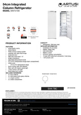 Artusi AINT5100 50cm 280L Fully Integrated Refrigerator