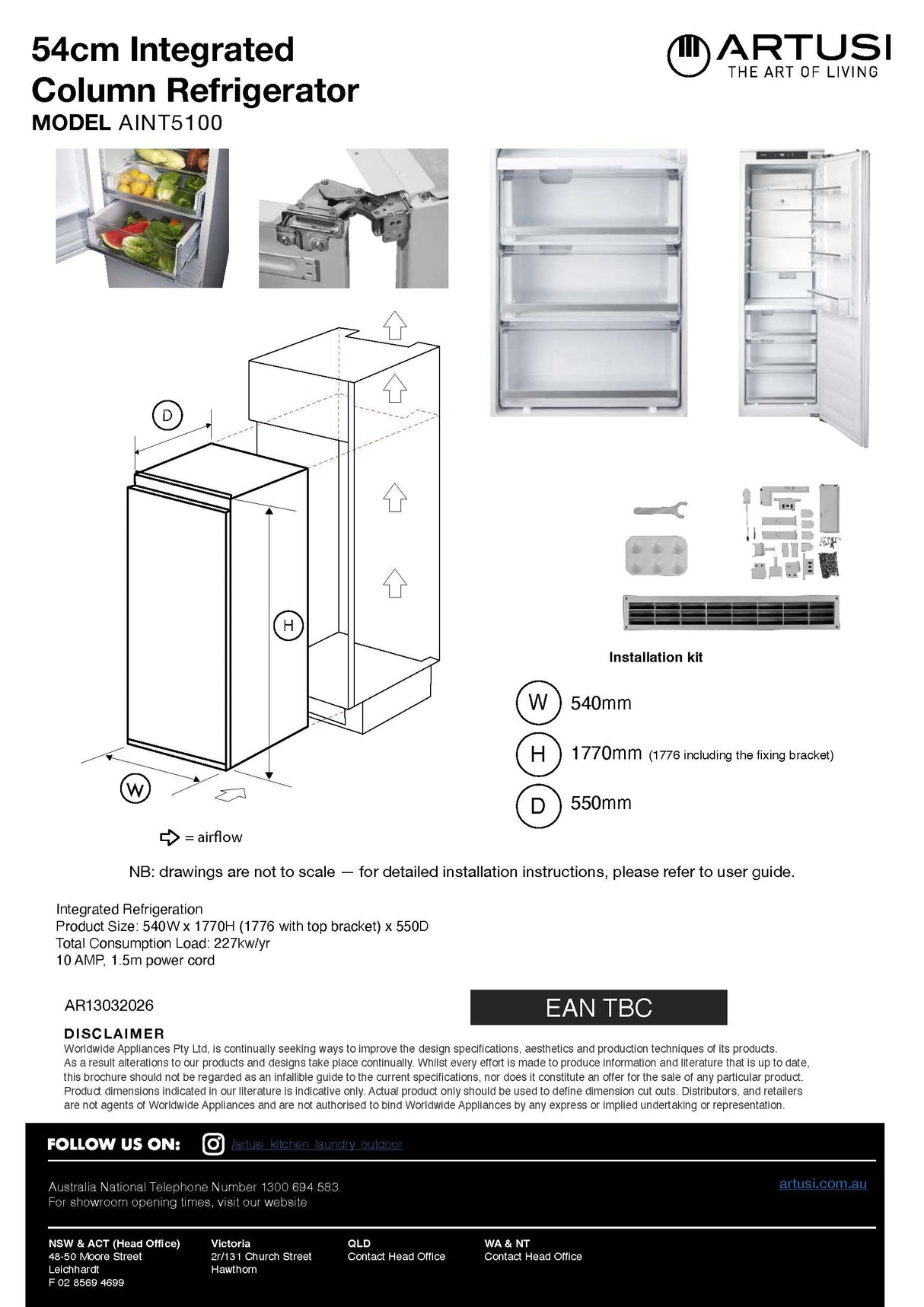 Artusi AINT5100 50cm 280L Fully Integrated Refrigerator