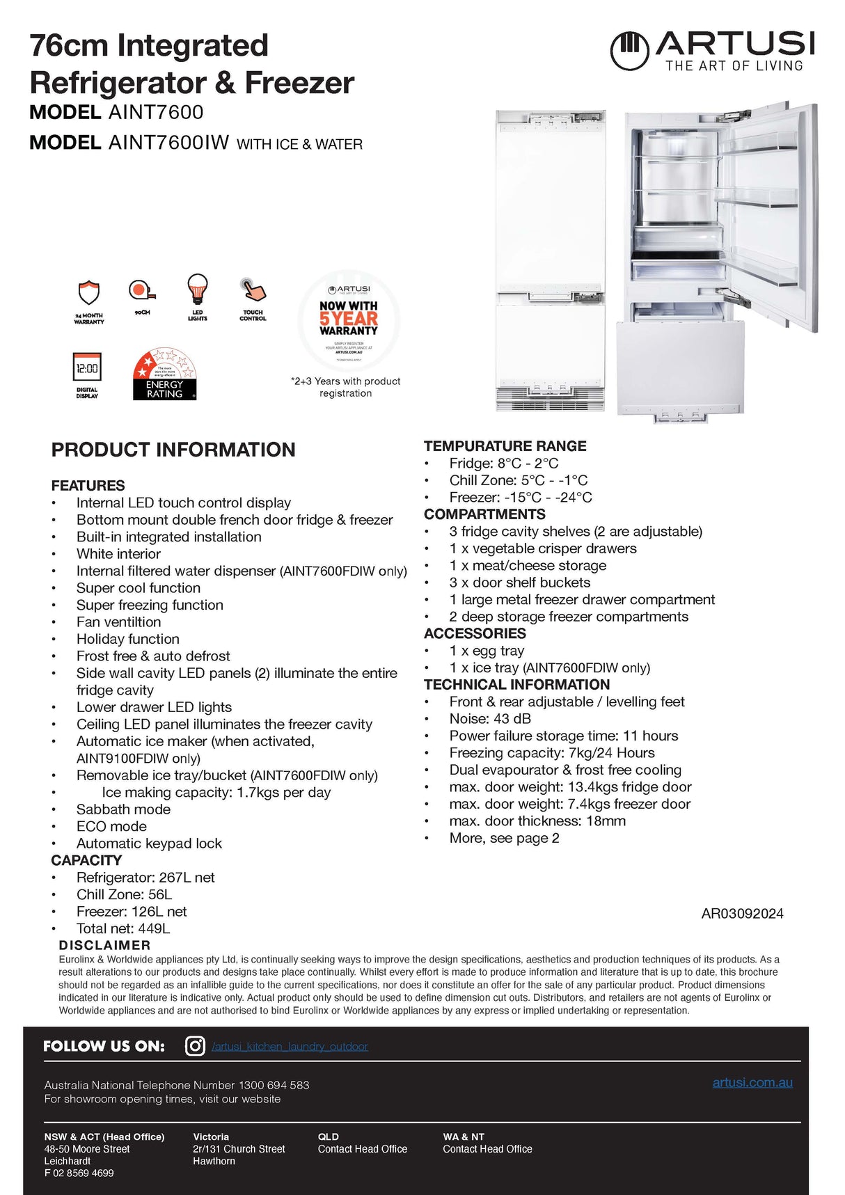 Artusi AINT7600 449L Integrated Bottom Mount Fridge