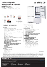Artusi AINT7600 449L Integrated Bottom Mount Fridge