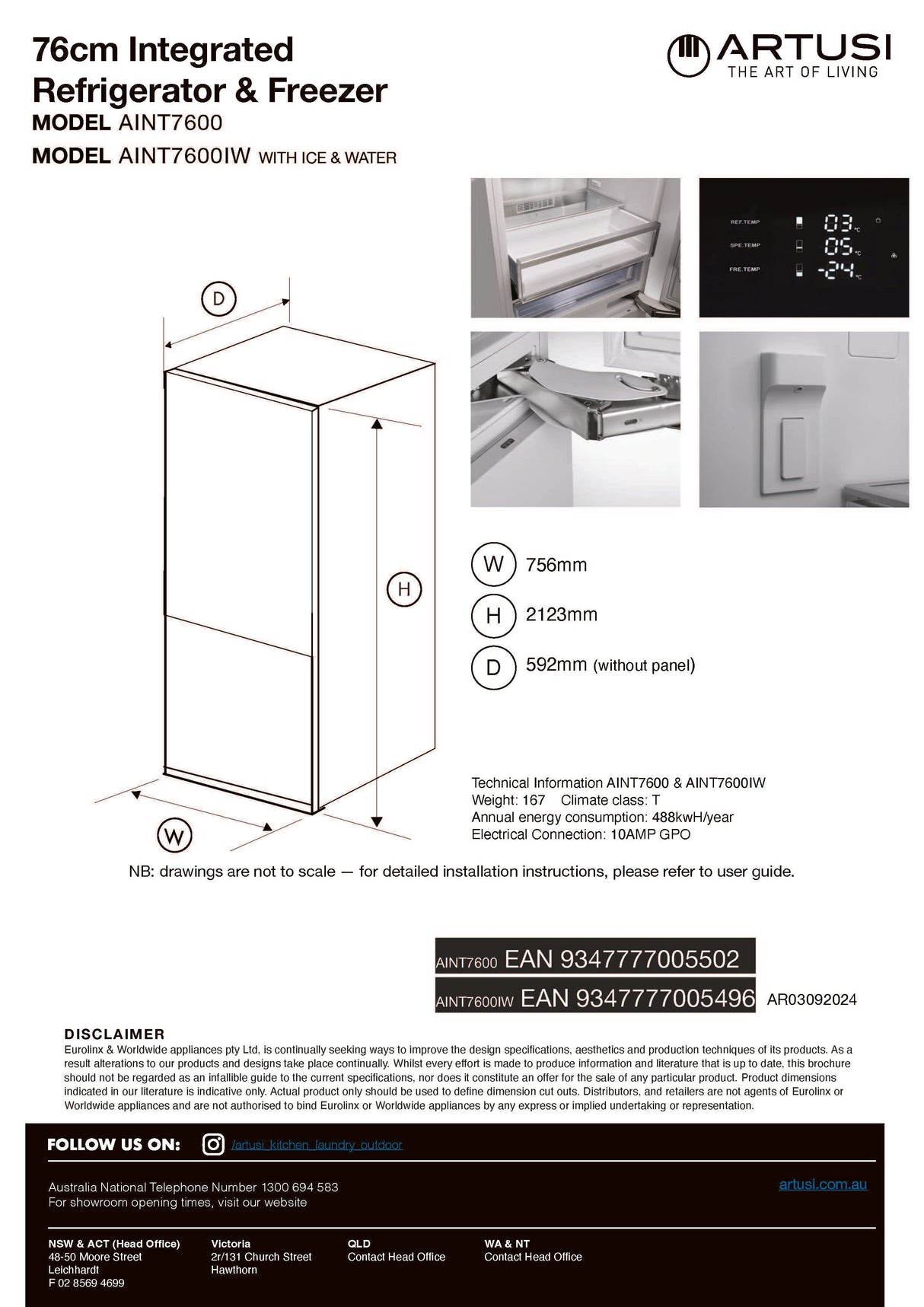 Artusi AINT7600 449L Integrated Bottom Mount Fridge
