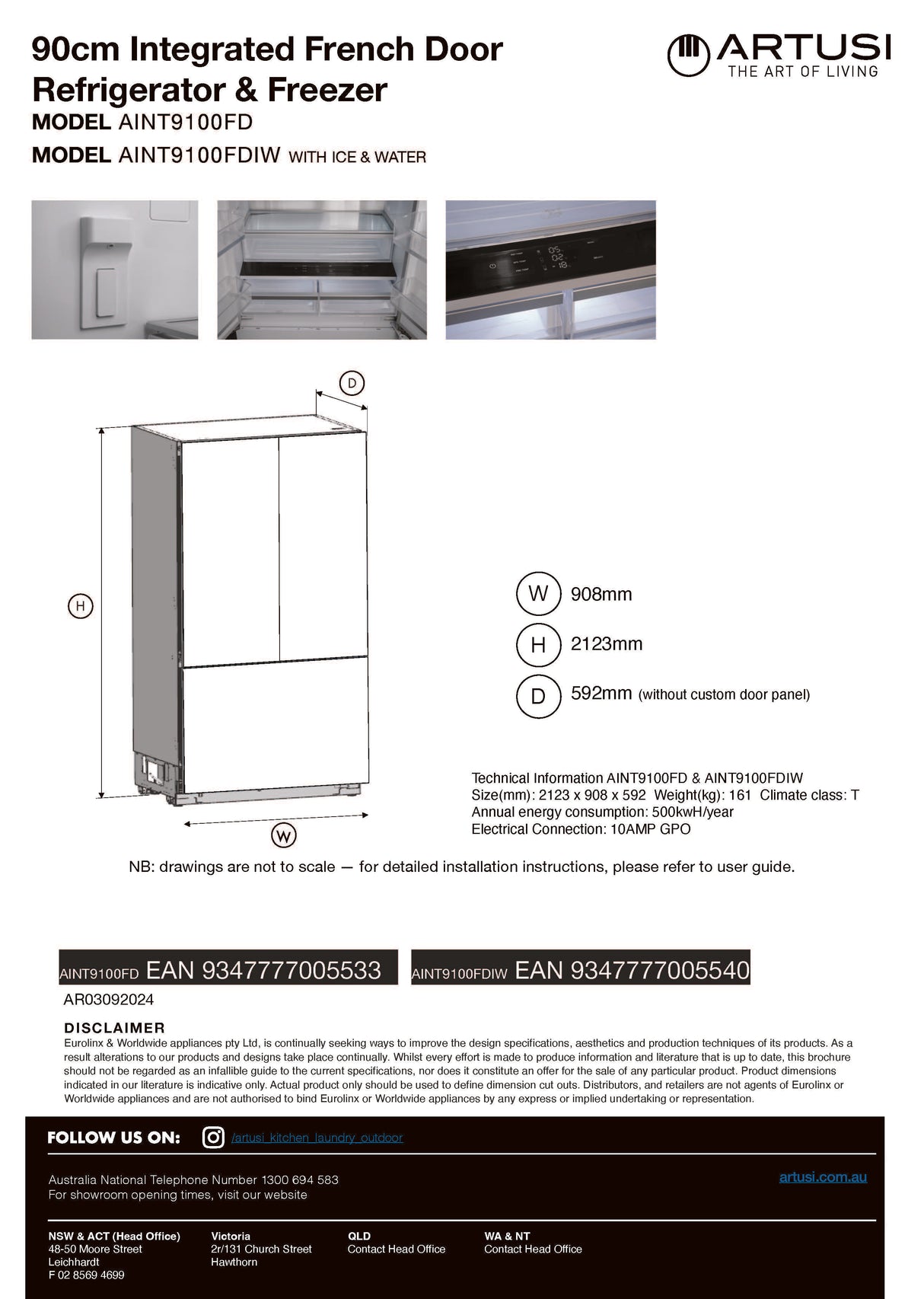 Artusi AINT9100FD 91cm 546L Integrated French Door Fridge