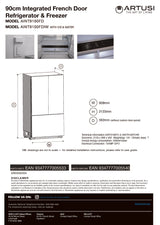 Artusi AINT9100FD 91cm 546L Integrated French Door Fridge