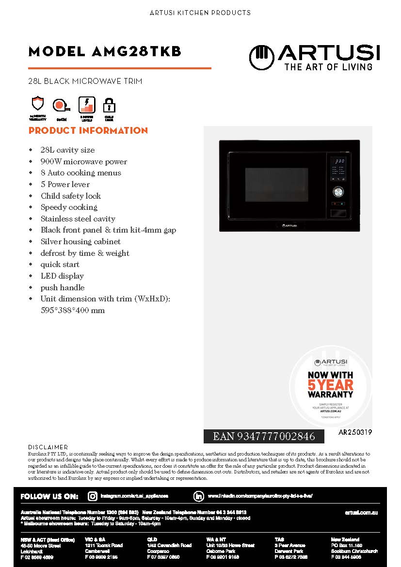 Artusi AMG28TKB 28L Built-in Microwave with Trim Kit, 900W, Black Glass