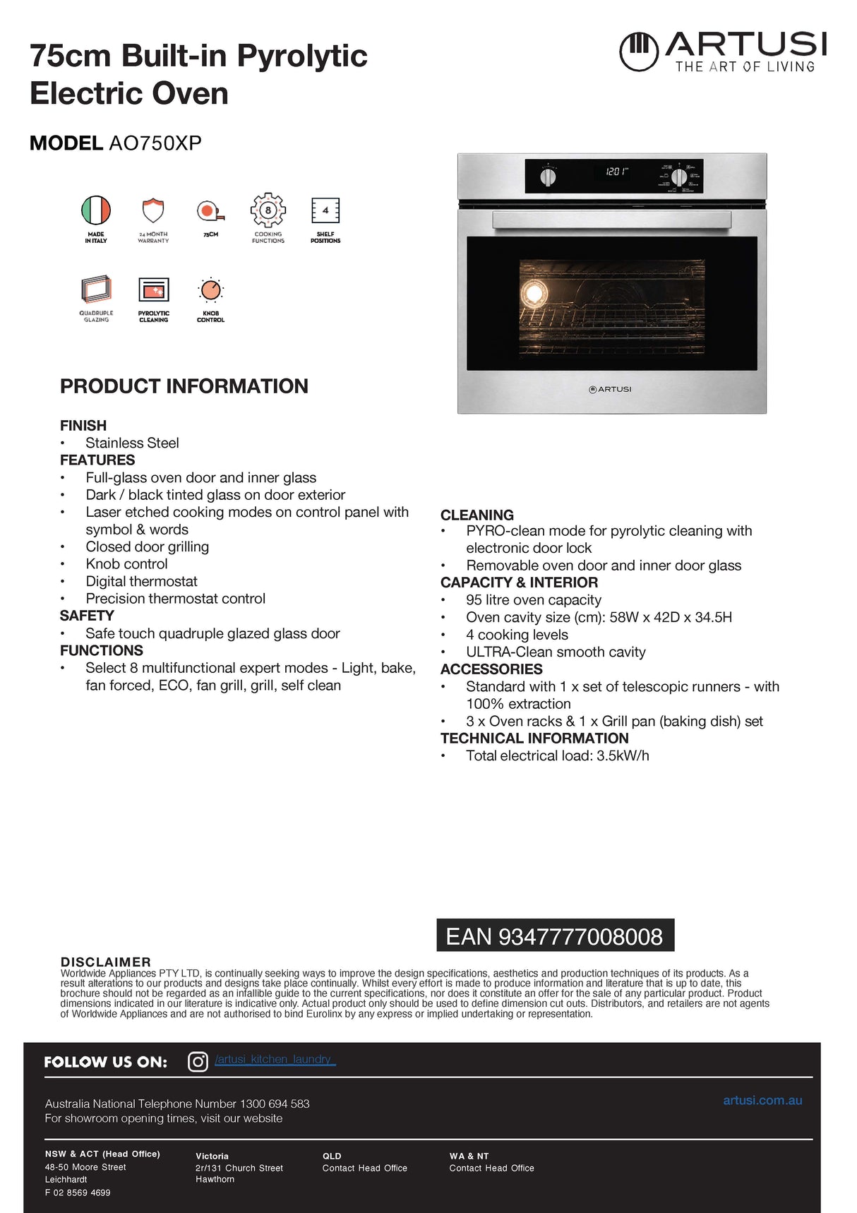 Blanco 75cm Replacement Oven - Artusi Italian Made 75cm Electric Multi-Function Oven