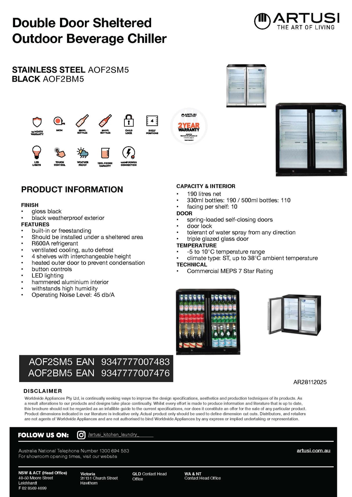 Artusi AOF2M5 Double Door Outdoor Refrigerator, Stainless Steel