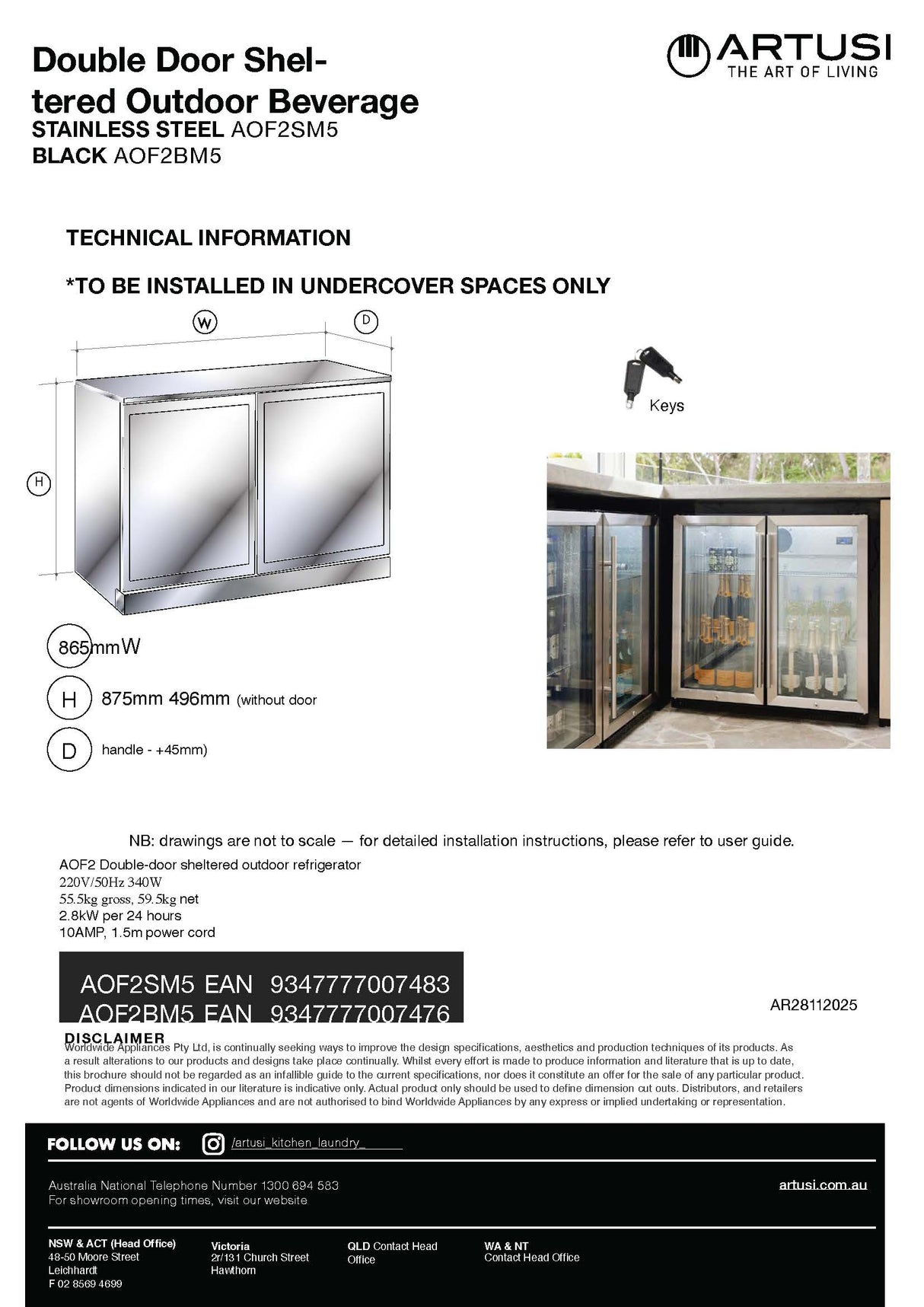 Artusi AOF2M5 Double Door Outdoor Refrigerator, Stainless Steel