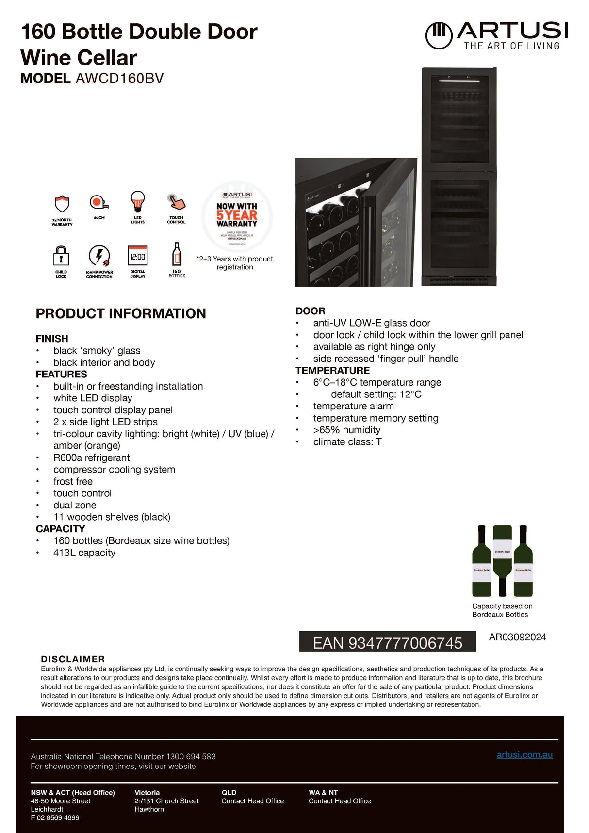 Artusi AWCD160BV Dual Zone Wine Cooler, 154 Bottle, Reversible Double Doors, Matte Black